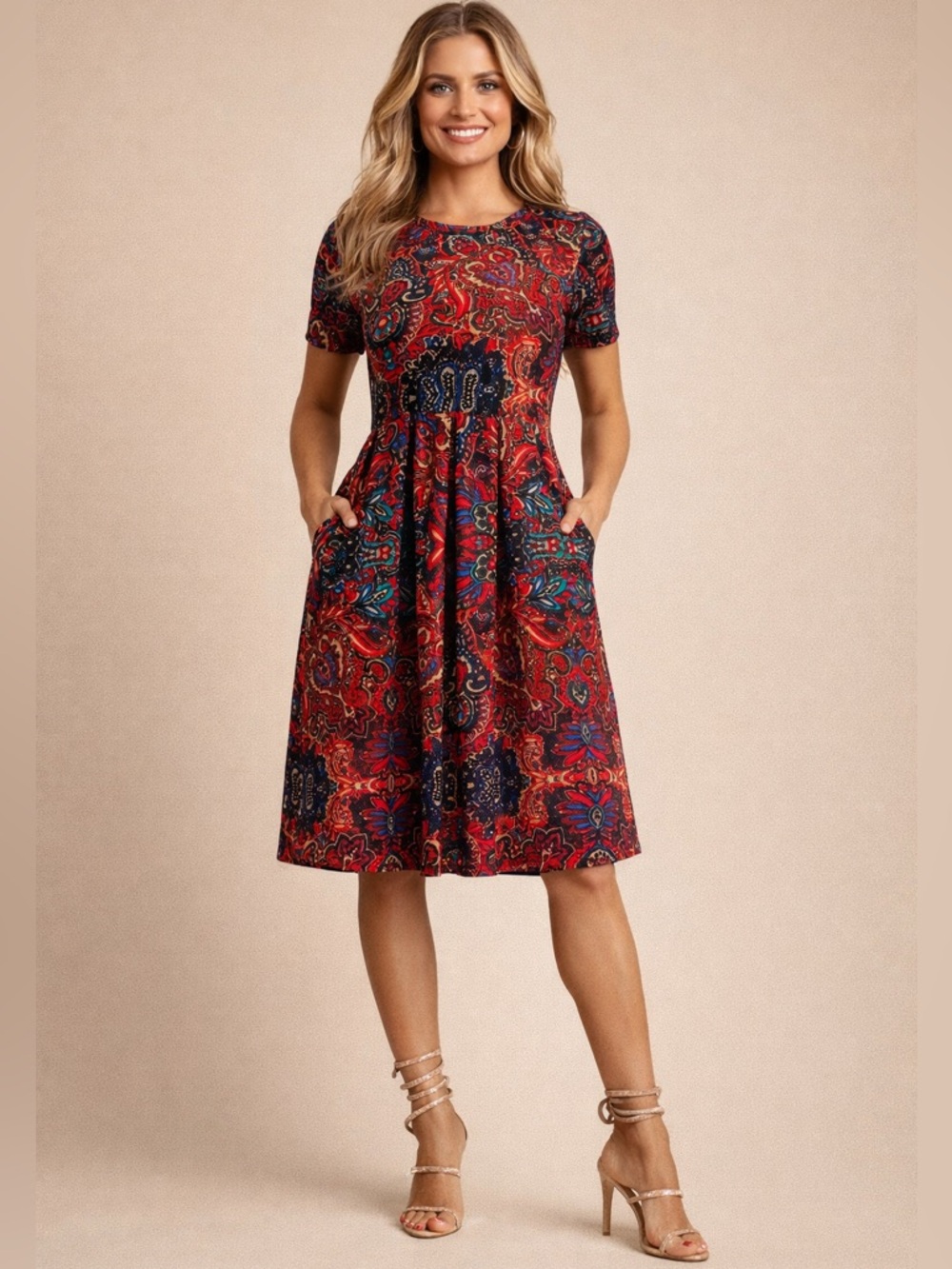 LuLaRoe Fit & Flare Dress with Multicolor Print, Shot Sleeve, Size S